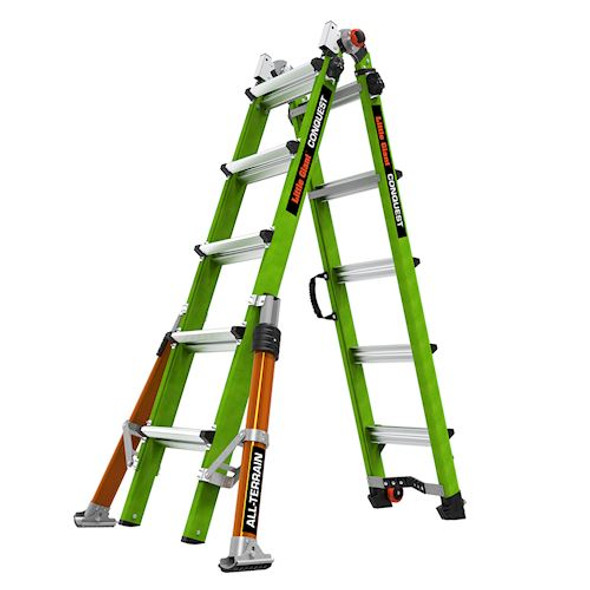 Little Giant Model 17102-001 | CONQUEST ALL-TERRAIN, Model 22 - ANSI Type 1A - 300 lb Rated -Fiberglass Articulated Extendable Ladder with Adjustable Outriggers, Accessory Ports, Carry Handle, V-bar and TIP & GLIDE Wheels