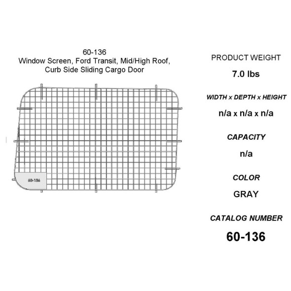 Adrian Steel #60-136 Passenger Side Sliding Door Security Screen, 44.6w x 27.6h x 0.7d, Gray, Transit Mid Roof, High Roof