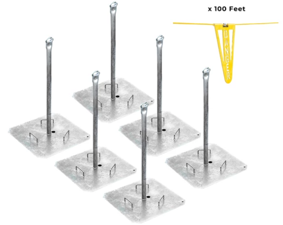Tie Down Engineering Safe-T-Zone Permanent Warning Line System, silver, yellow, six bases and poles.
