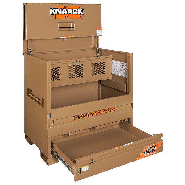 Knaack STORAGEMASTER Chest, 48x30x49, Heavy-Duty Tool Storage, Model 79-D-KL, tan color, with drawer and lock.