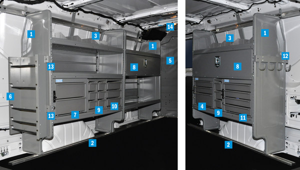 Adrian 4319TL148 Transit Van Shelving, Ford Transit Low Roof, 148" WB shelving package installed.