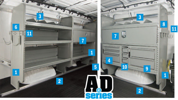 Adrian 4317G General Service Starter Package gray shelving unit for Savana Express 135" vehicles.
