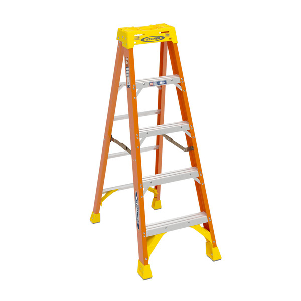 Werner 6205 fiberglass stepladder, 5 ft, orange and yellow, 300 lb rated, Werner brand ladder.