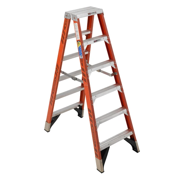 Werner T7406 ladder, 6 Ft fiberglass twin stepladder, Type IAA 375 lb rating, orange color.