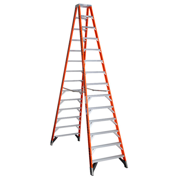 Werner T7414 14 Ft Fiberglass Twin Stepladder, Professional Ladder, Type IA 300 lb Rating, orange color.
