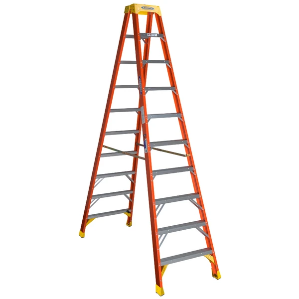 Werner T6210 10 Ft Fiberglass Twin Stepladder, orange with yellow accents, Type IA 300 lb rating.