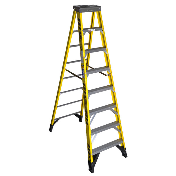 Werner 7308 8 Ft Fiberglass Stepladder Type IAA 375 lb Capacity yellow and gray color.