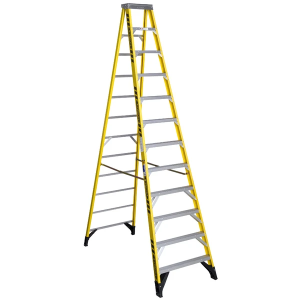 Werner 7312, 12 Ft Fiberglass Stepladder, Type IAA 375 lb Capacity, yellow and gray color.