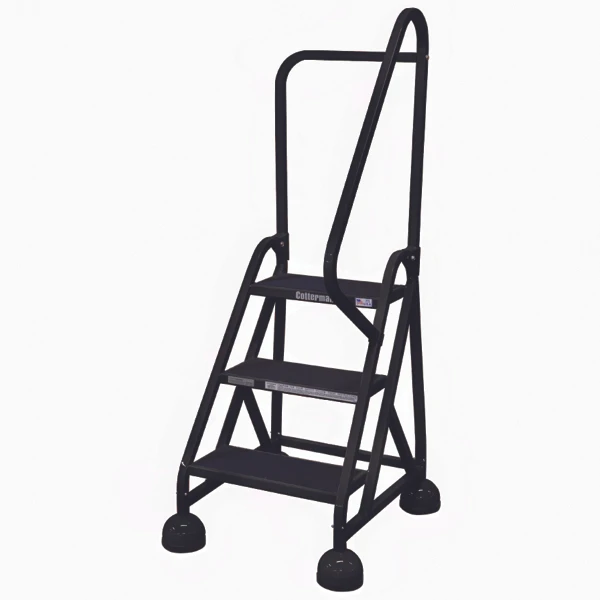 Cotterman ST-303 A2 XX P5 office step ladder, 3-step, black, with right handrail and wheels.