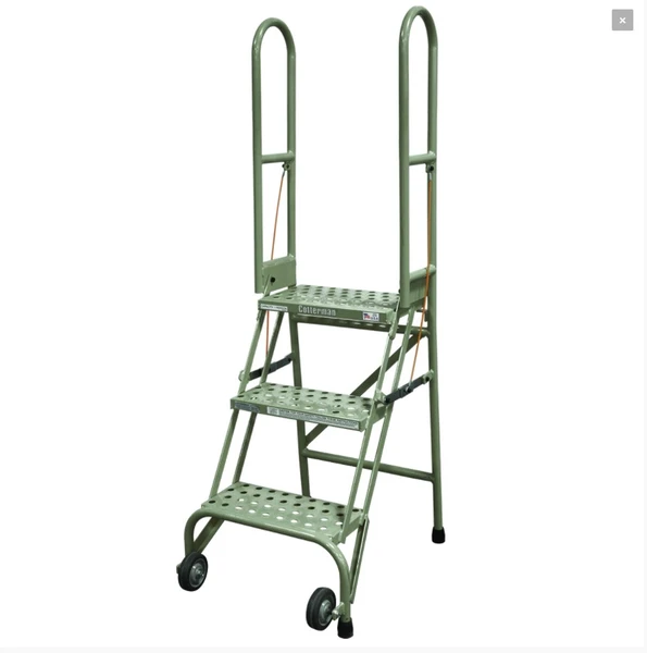 Cotterman SAS3A3 stock-n-store ladder, 3-step, steel, green, with serrated tread and rolling wheels.