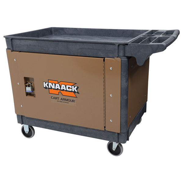 Knaack Model CA-05 Cart Armour, secure tool cart, brown and grey, on wheels, Knaack branding.