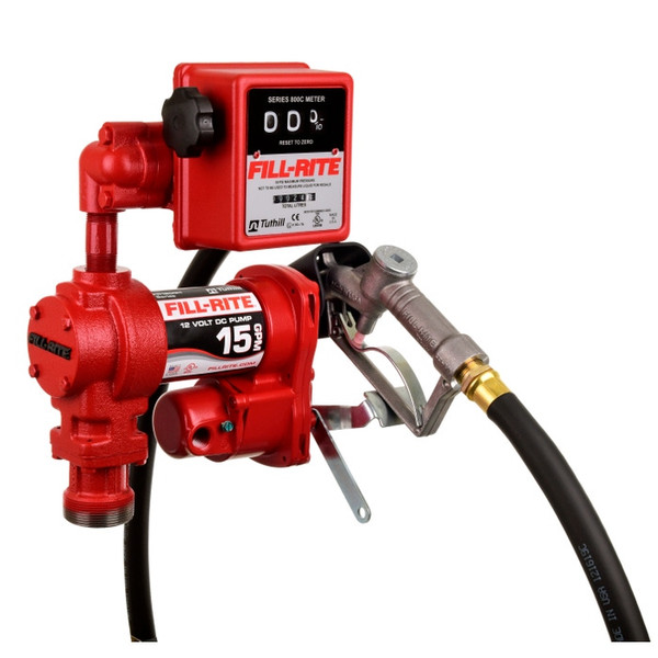 Fill-Rite FR1211HEL 57 LPM, 12V DC Pump, 3/4" x 3.6 m Hose, 3/4" Manual Nozzle, 1.5 Meter Ground Wire with Clip, 5.5 m 3.31 mm² 3 Wire Battery Cable,  Telescoping Steel Suction Pipe (51 to 88 cm).  807CL Liter Meter.  3/4" NPT Discharge, 1" NPT Sucti