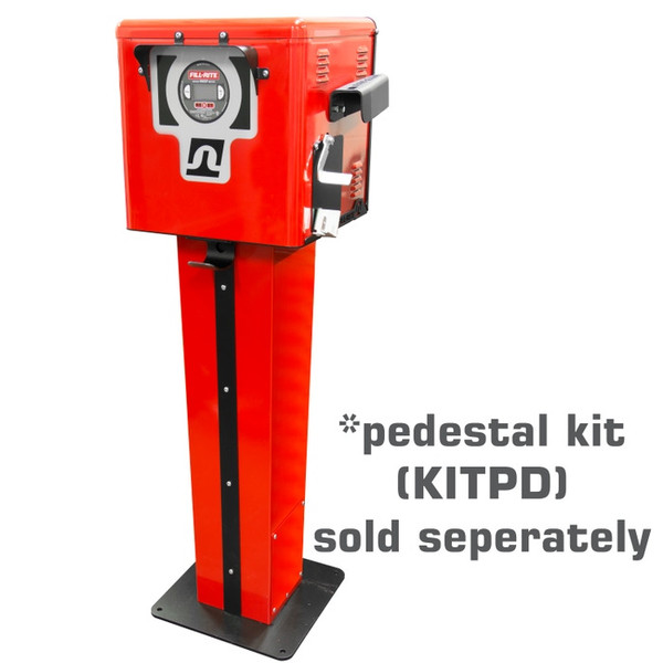 Fill-Rite FR302DPU diesel dispenser with 900DP meter and 300 Cabinet, red color with barrier.
