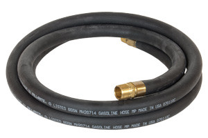 Fill-Rite 700F3135, 3/4 inch x 12' UL hose, black with gold fittings, coiled neatly.