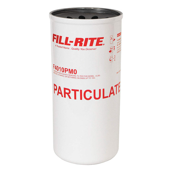 Fill-Rite F4010PM0 10 Micron 40 GPM filtration white cylindrical filter with red lettering.