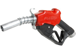 Fill-Rite 1" Ultra Hi-Flow Hose Nozzle for farm equipment fueling, red and black in color.