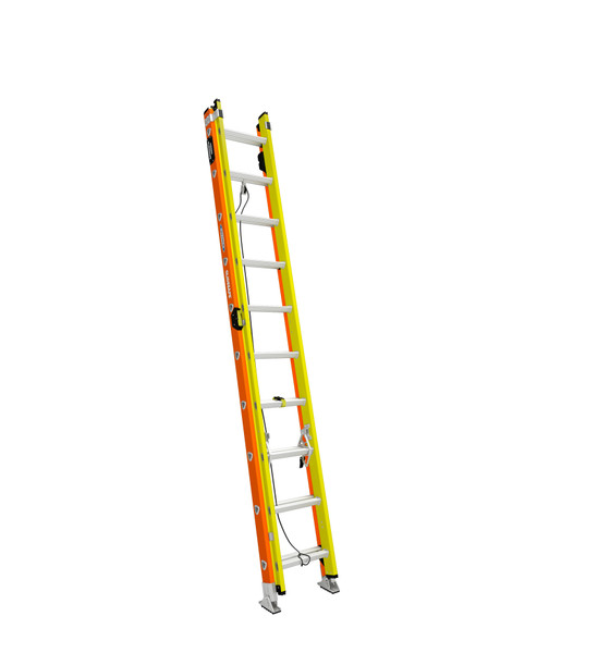 Werner fiberglass ladder T6200-2GS Series GLIDESAFE Easy Operating extension ladder, 300 lb rating, yellow.