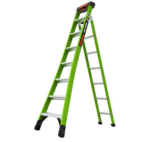 Little Giant fiberglass all-access ladder, Model 13908-001, green with silver steps and black feet.