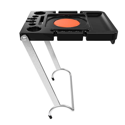 Little Giant Model 15012 black project organizer tray with orange insert and metal folding legs.