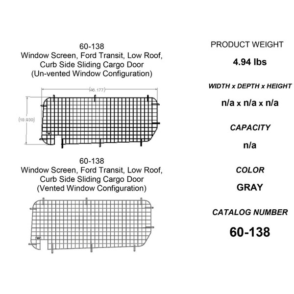 Adrian Steel #60-138 Passenger Side Sliding Door Security Screen, 46.2w x 19h x 0.7d, Gray, Transit Low Roof