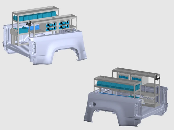Adrian SEC-5TRK Truck Package with 5 foot bed organization and security features in silver and blue.