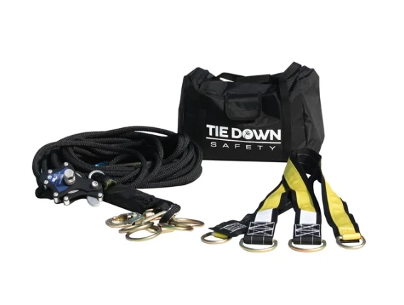 Tie Down Engineering 14405 4-Person Horizontal Lifeline System with black and yellow straps and bag.