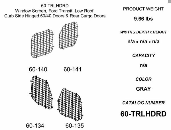 Adrian Steel #60-TRLHDRD Passenger Side Hinged & Rear Doors Security Screen Kit, Gray, Transit Low Roof