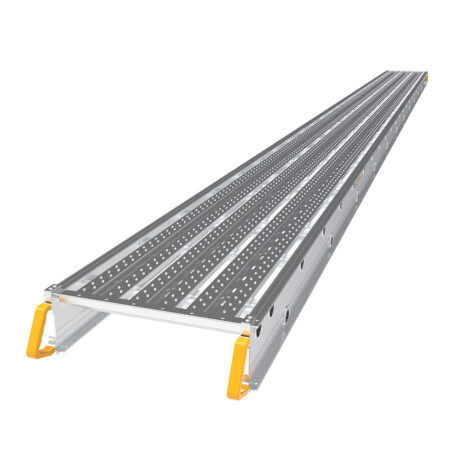 MetalTech M-SPA22020 Aluminum Stage 20"x20' job site gear, two-person capacity, silver color, yellow legs.