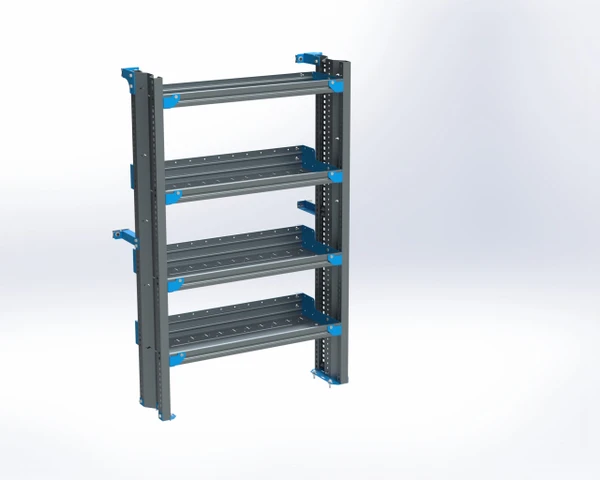 Adrian ProMaster storage unit, 4-shelf, 14x36, Low Roof, passenger side, gray with blue accents.