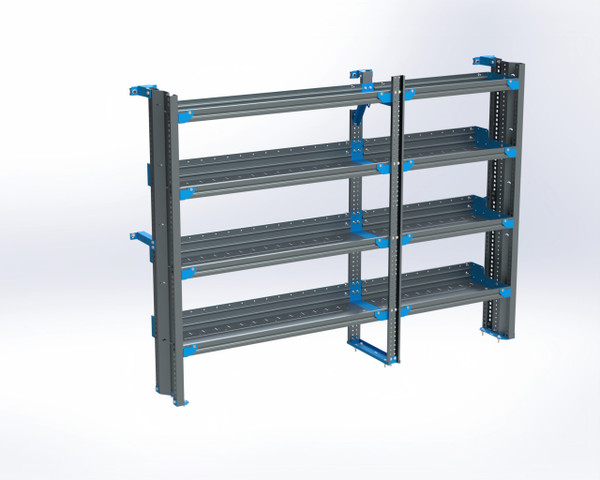 Adrian AS-2T1478PMLA 4-Shelf Cargo Van Shelving unit, 14x78, ProMaster Low Roof, gray with blue accents.