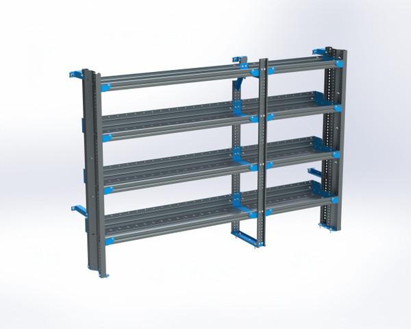 Adrian 4-shelf cargo rack cabinet, 14x84, Sprinter Standard Roof, driver's side, gray and blue.