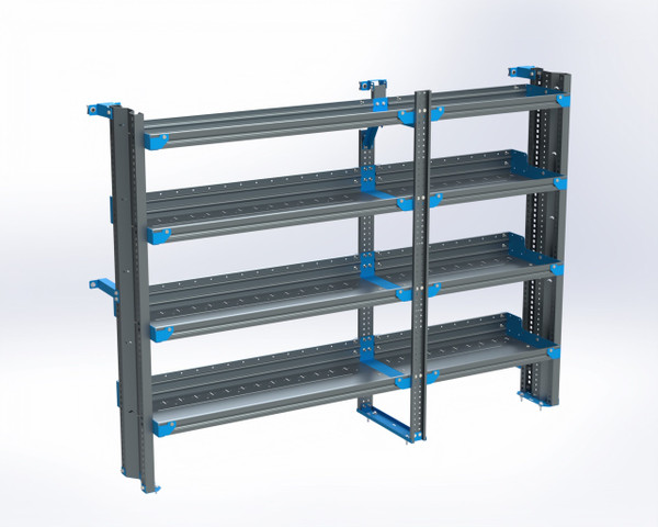 Adrian AS-2T1678PMLA 4-Shelf Unit, cargo shelves, ProMaster Low Roof, 16x78, gray with blue accents.