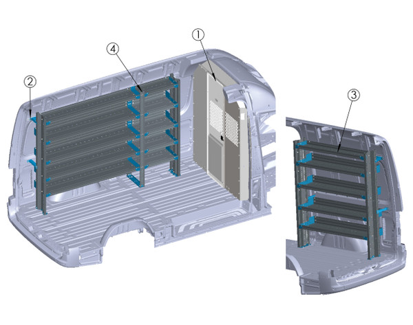 Adrian BASE-SP-HR144 truck shelving system for Sprinter High Roof 144 WB, shelving package.