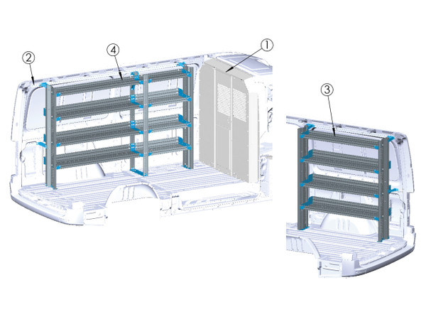 Adrian Base Shelving Package for Sprinter Low Roof 144 WB, Cargo Organization shelving system.