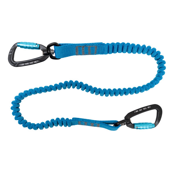 Werner Fall Protection M450008 Bungee Double Carabiner, blue, with black carabiners and connectors.