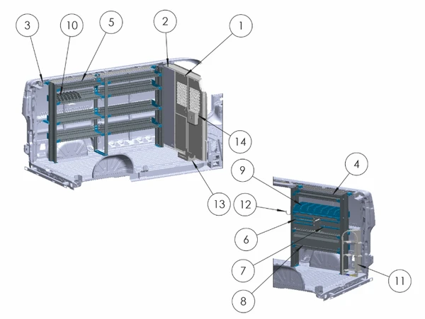 Adrian HVAC-PMLR136B ProMaster Low Roof cargo van storage system components.