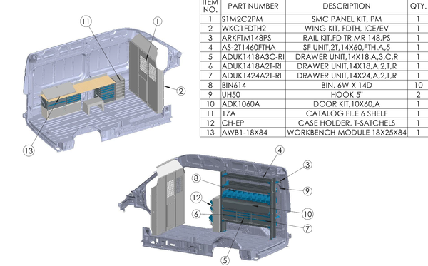 Adrian Locksmith Upfit, Ford Transit High Roof 148WB, Adrian LOCK-FTHR148 Locksmith Package components diagram.