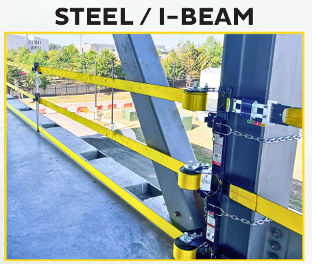 Tie Down Engineering 60 ft. WebRail Chain Kit with yellow rails and steel I-beam components.