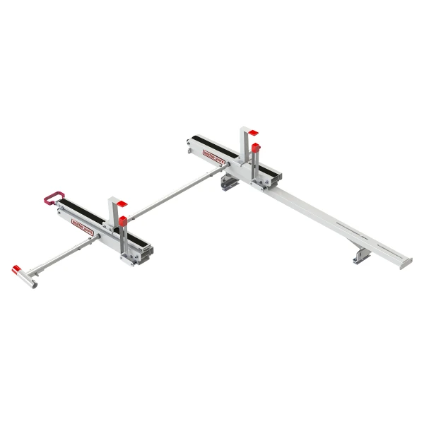 Weather Guard Model 2297-3-01 EZGLIDE2 drop-down rack ladder kit with cross member, silver and red.