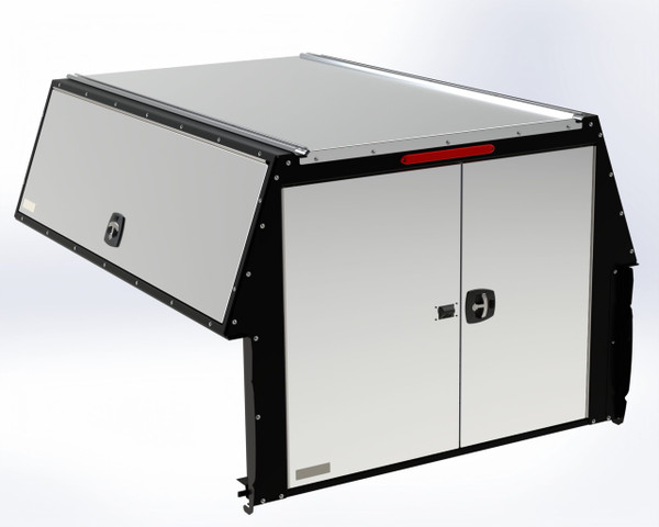 Adrian TFKFDT196KM23W Barn Door Truck Cap for F-150, 8' Bed with mechanical locks.