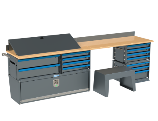 Adrian AWB1-18X84 Work Bench Module, 18"D x 84"W x 25"H, gray with blue drawers.
