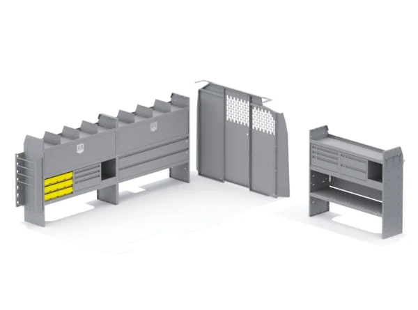 Holman 53GML Electrical Contractor Van Package, GM 155" Wheelbase, gray equipment storage units.