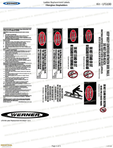 Werner Parts LFS100 All Labels for Fiberglass: Steps, Platforms, Twins, Twin Platforms, Tripod Stepladder, and Podiums