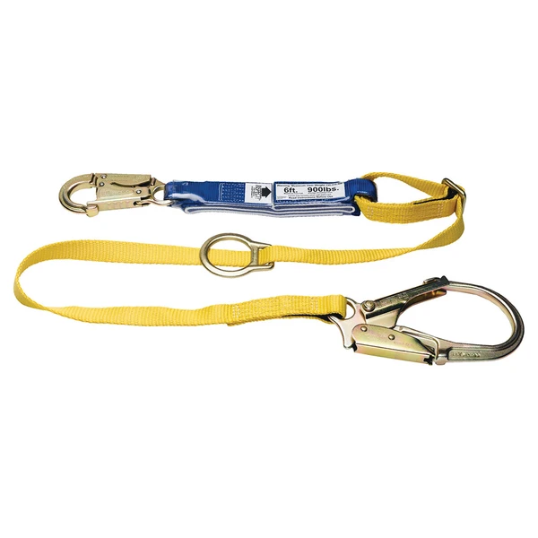 Werner Fall Protection C311102 DeCoil Lanyard, adjustable length, yellow, with metal clips and blue buckle.