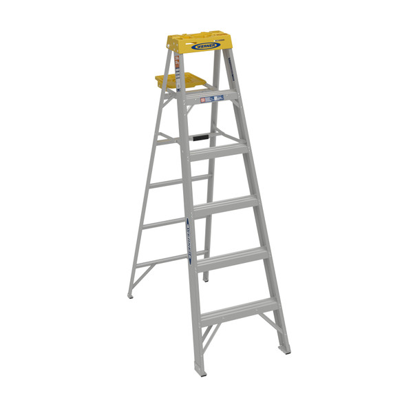 Werner 370 Series Aluminum Stepladder, Type IA, 300 lb Rated, model 376, yellow and silver.