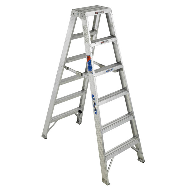 Werner T370 Series Twin Sided Stepladder, 300 lb load, silver color, Werner brand, multiple steps.