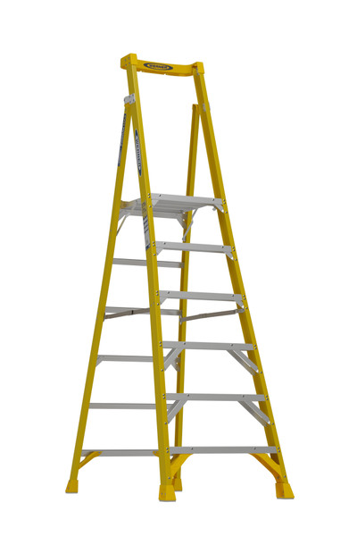 Werner PD7300 Series fiberglass podium ladders, 375 lb rated, yellow and silver color.