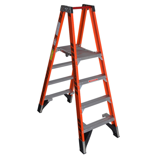 Werner PT7400 Series Stockr's fiberglass platform ladders, 300 lbs rated, orange and gray color.
