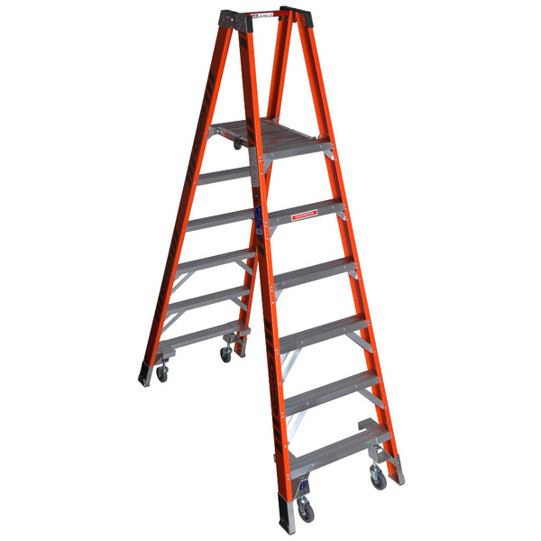 Werner PT7400-4C Series fiberglass ladder with casters, orange, 300 lb rated for storeuse.