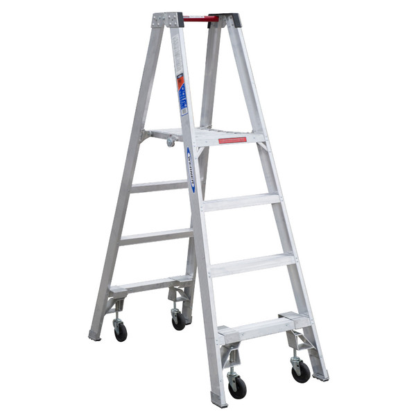 Werner PT370 Series Aluminum platform ladder with casters, 300 lb rated, silver color.